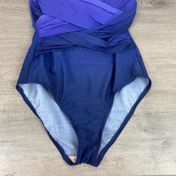 Lands End Violet Navy Blue Ombre V Neck Wrap One Piece Swimsuit Sz.8 - Picture 8 of 15